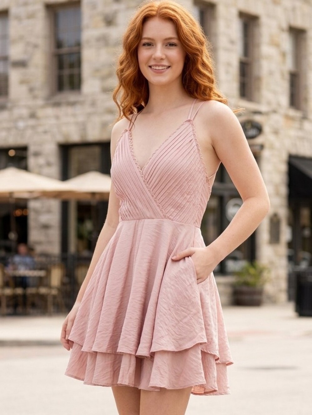 miami Blush Pink Lace-Trim Spaghetti Strap Mini Dress